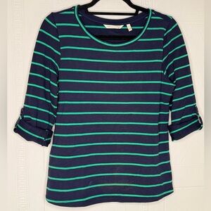 Soft Surroundings Small Navy Green Stripe Roll Tab 3/4 Sleeve Round Neck Top